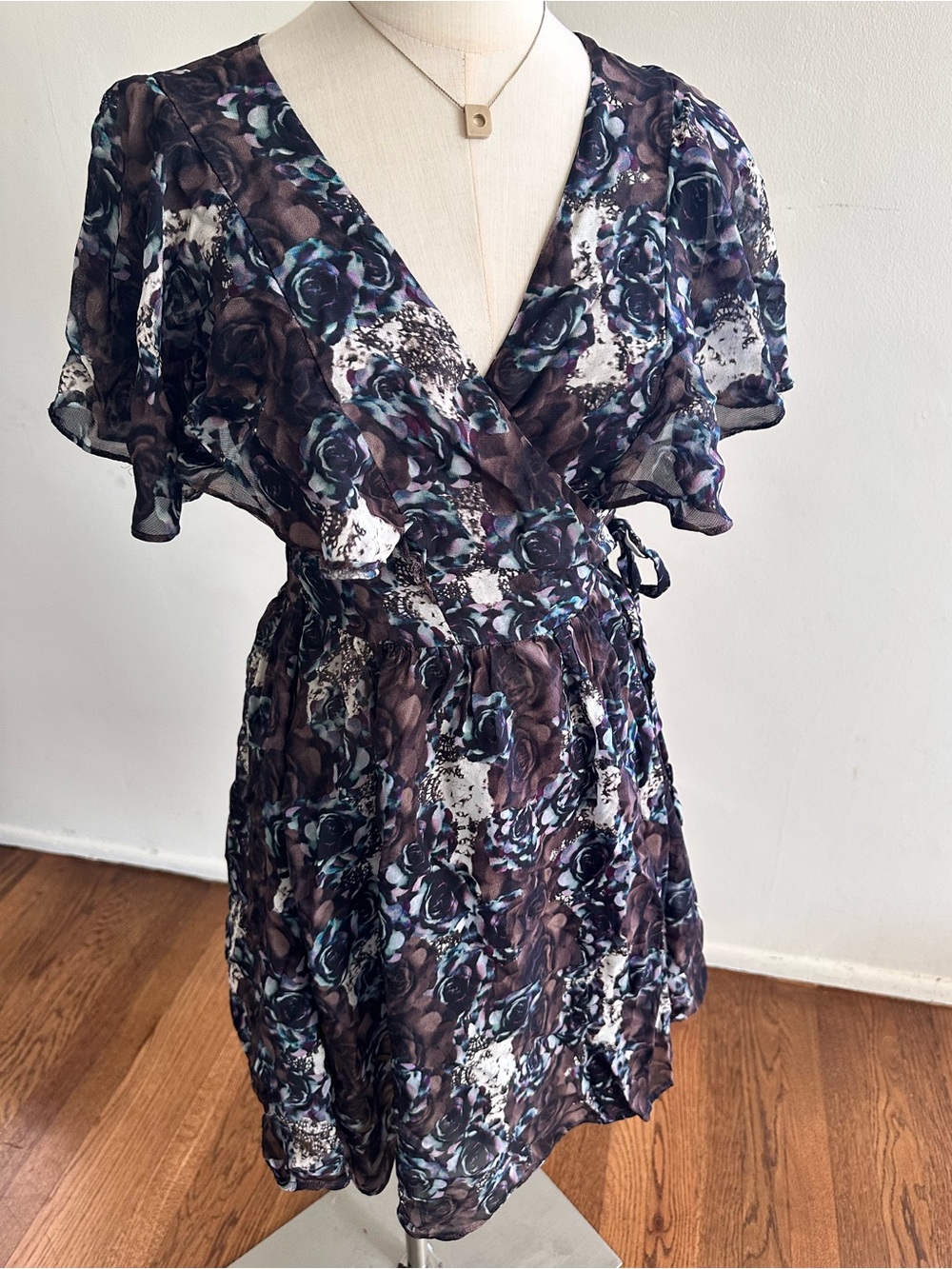 Topshop Brown Blue Floral Wrap Mini Dress | Flutter Sleeve US 8